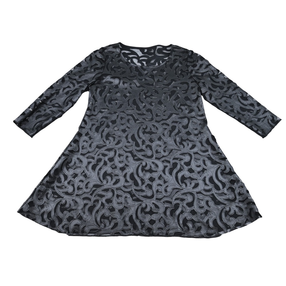 Black Scroll Cutout Mesh Fit & Flare Mini Dress 3/4 Sleeve Round Neck Gothic